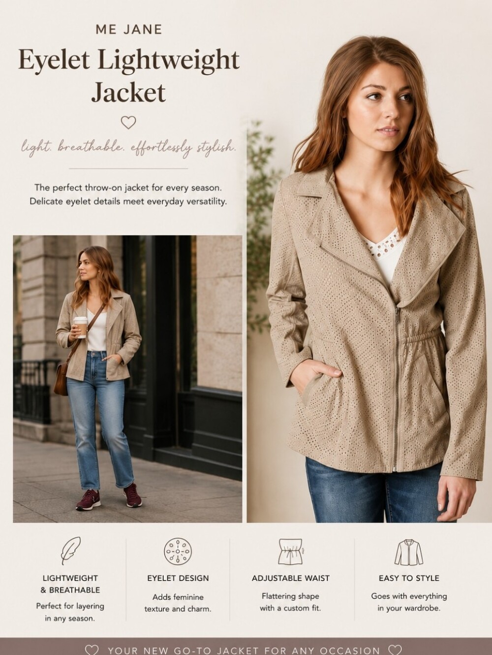 Me Jane ~ Beige Eyelet Lightweight Moto Jacket | Utility Jacket | Small